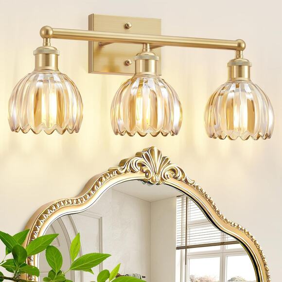 Unbranded Other - 20" 3-Light Brushed Brass Bathroom Vanity Light with Amber Glass Shades